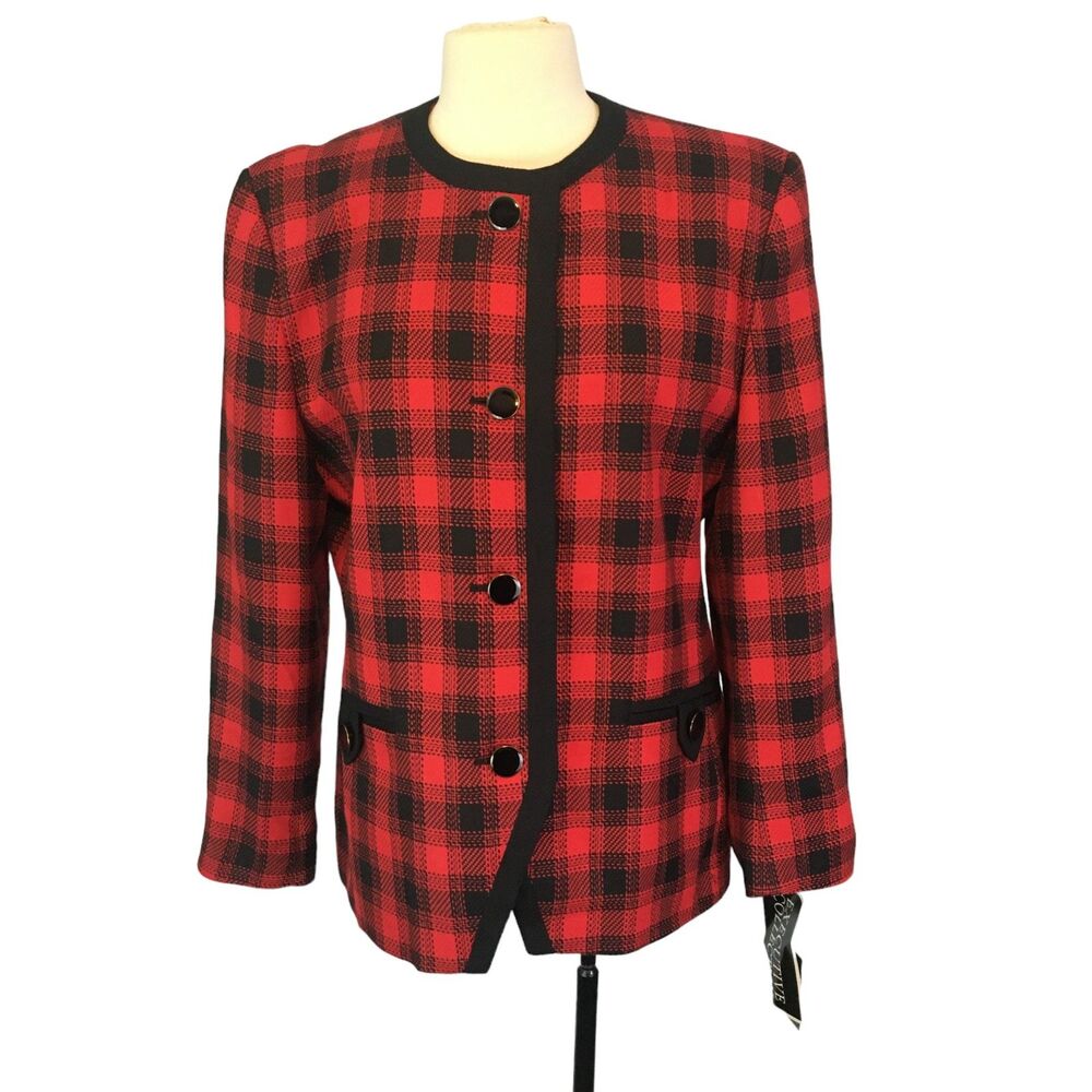 Executive Collection Vintage Womens Red Black Plaid Blazer, Top‎ 14, 44 bust